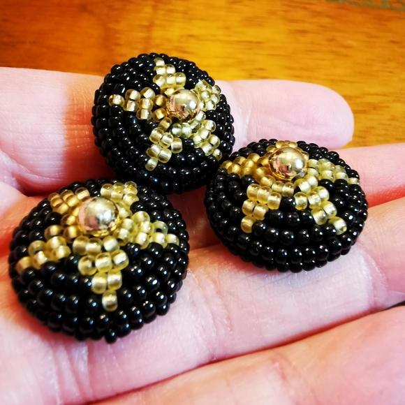 Vintage Round Black Plastic Beaded Black and Gold Star Sewing Buttons 3Pcs - Picture 9 of 11